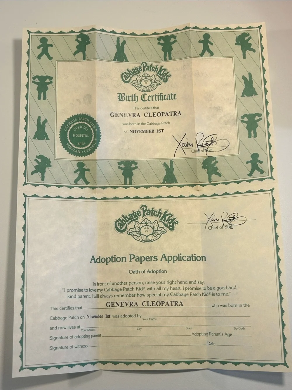 1985 Cabbage Patch Kids Genevra Cleopatra Doll Birth Certificate Adoption Papers - Picture 13 of 16